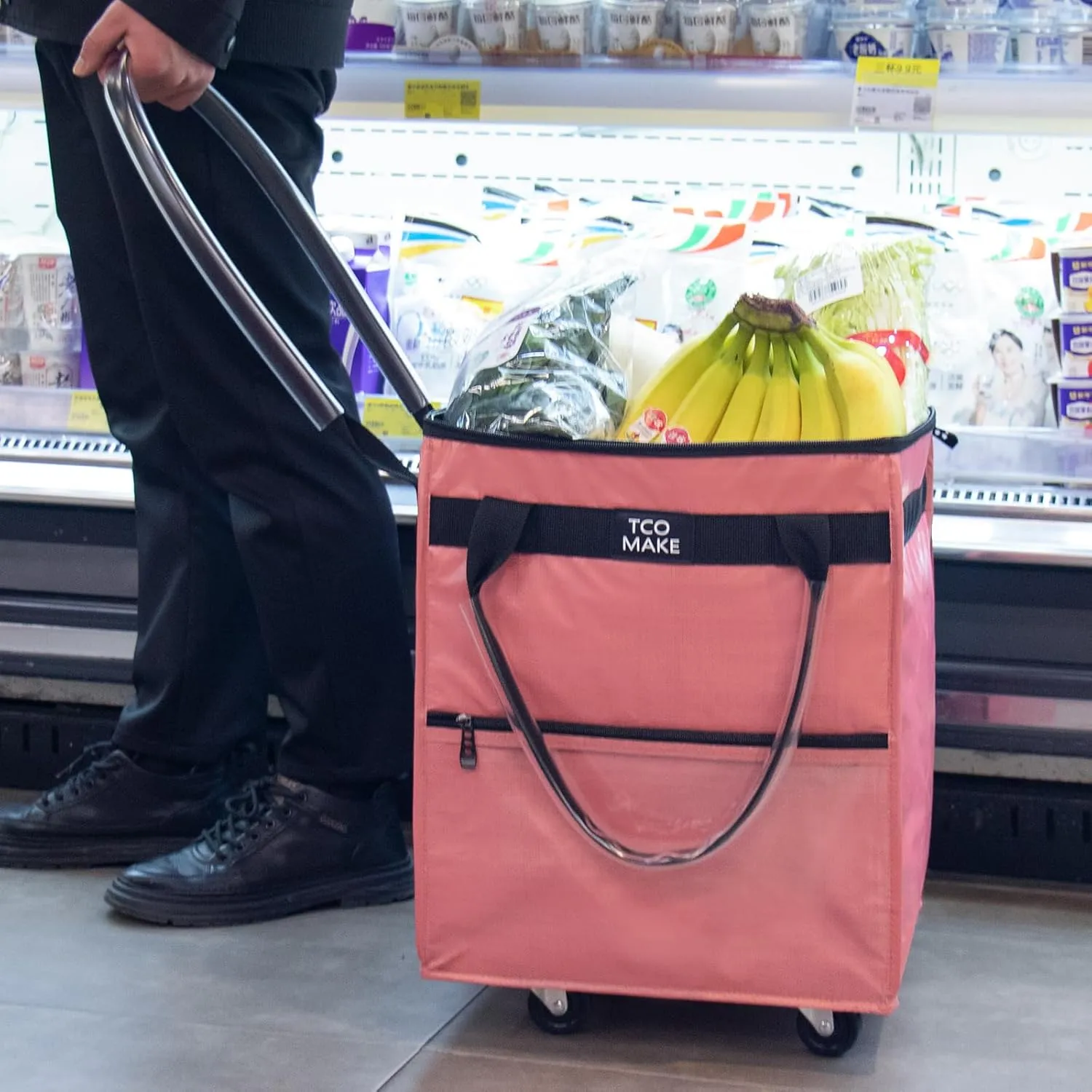 Reusable Grocery Bag on Wheels, Rolling Shopping Bags with Wheels and Handle, Folding Rolling Tote Trolley, Zipper Cover, Carries Up to 22 LBS, Easy Transportation (Small, Pink)