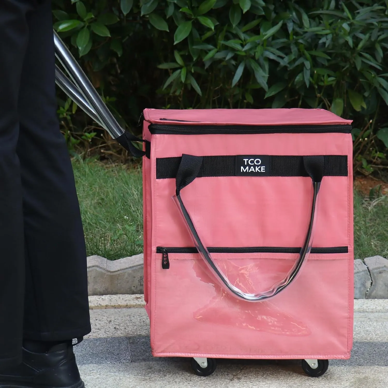 Reusable Grocery Bag on Wheels, Rolling Shopping Bags with Wheels and Handle, Folding Rolling Tote Trolley, Zipper Cover, Carries Up to 22 LBS, Easy Transportation (Small, Pink)