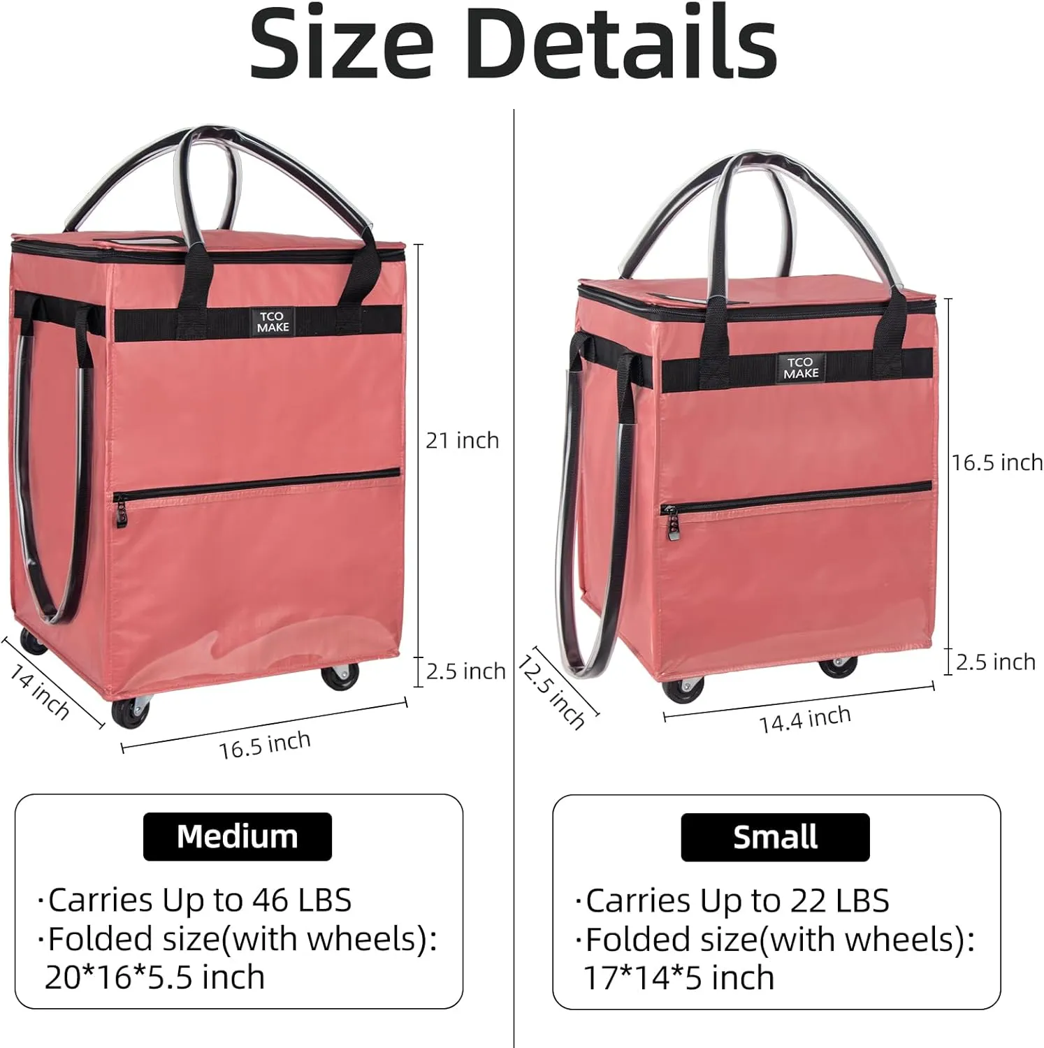 Reusable Grocery Bag on Wheels, Rolling Shopping Bags with Wheels and Handle, Folding Rolling Tote Trolley, Zipper Cover, Carries Up to 22 LBS, Easy Transportation (Small, Pink)