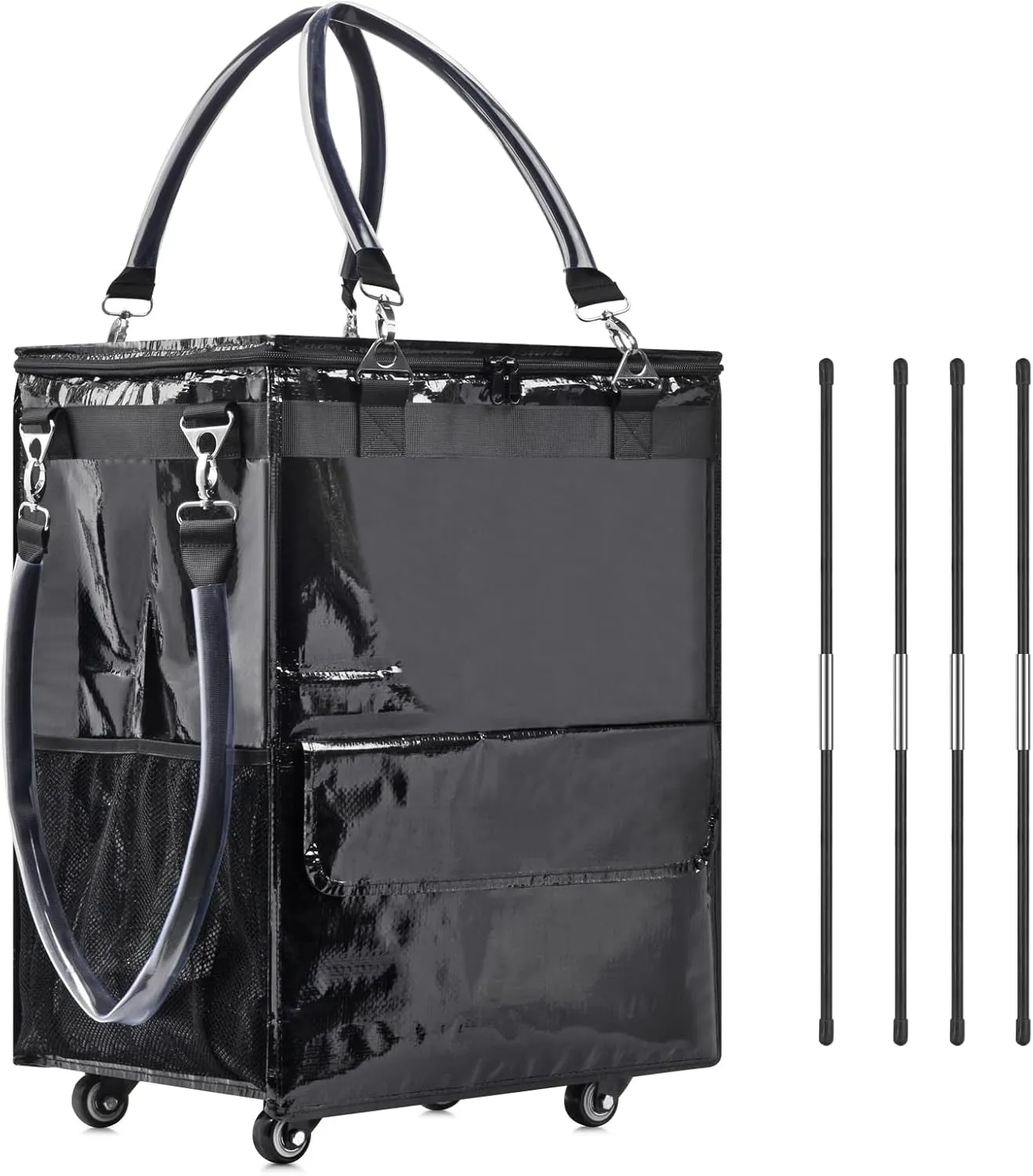 Reusable Grocery Bag On Wheels with Support Pole, Large Rolling Tote Bag, Waterproof Shopping Bags with Zipper Cover, Utility Tote Bag, Shopping Basket Carries Up to 46 LBS