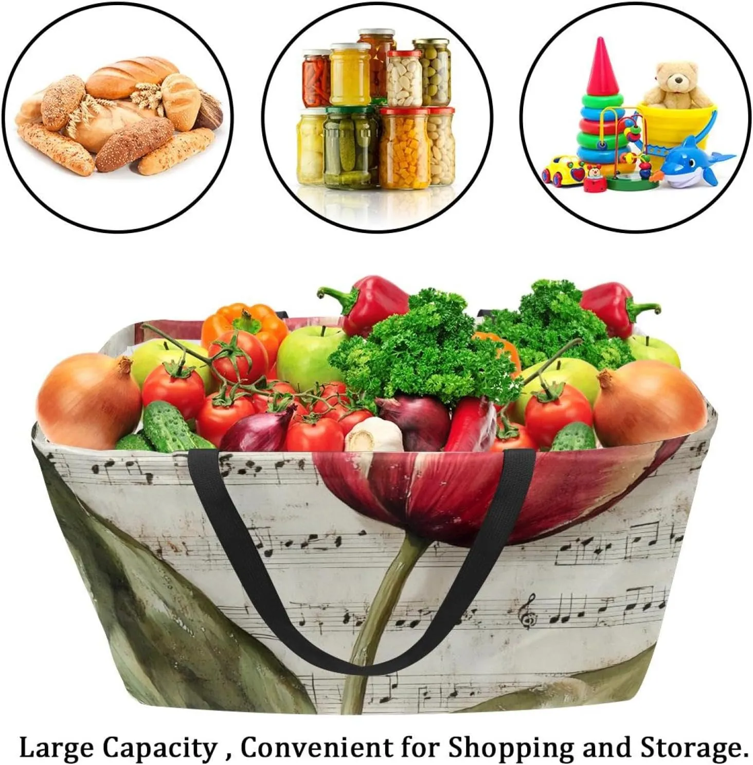 Reusable Grocery Bags Boxes Storage Basket, Flaming Running Horse Collapsible Utility Tote Bags with Long Handle