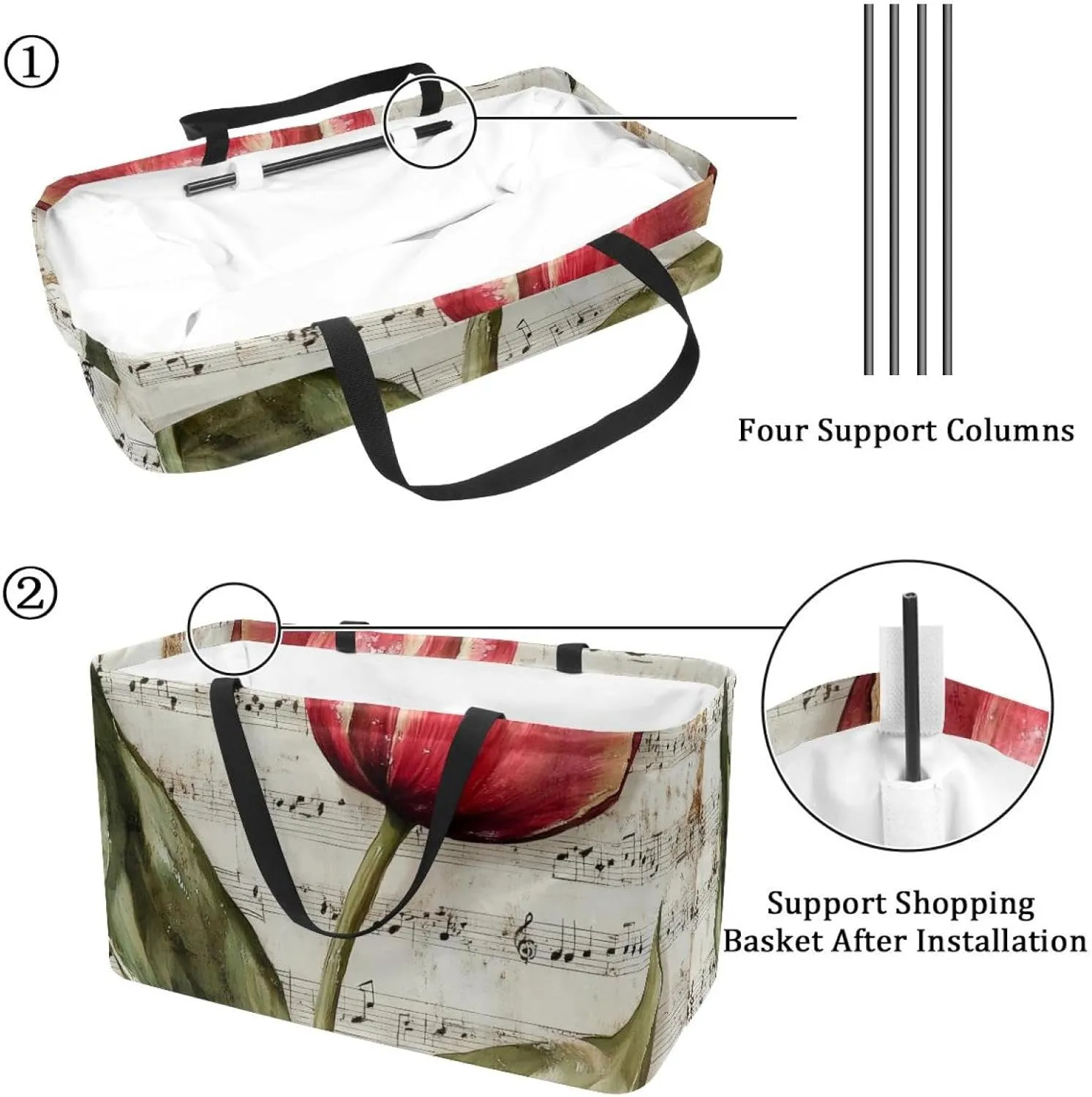 Reusable Grocery Bags Boxes Storage Basket, Flaming Running Horse Collapsible Utility Tote Bags with Long Handle