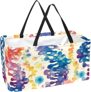 Reusable Grocery Bags Boxes Storage Basket, Tooth Patterns Collapsible Utility Tote Bags with Long Handle