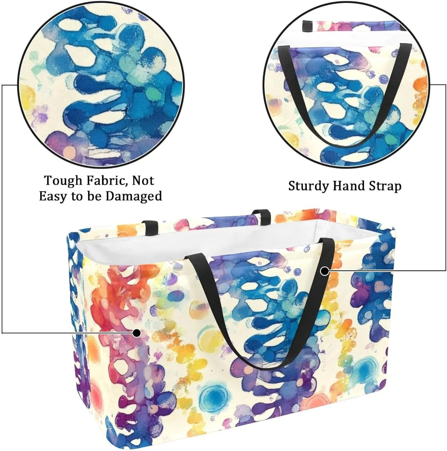 Reusable Grocery Bags Boxes Storage Basket, Tooth Patterns Collapsible Utility Tote Bags with Long Handle