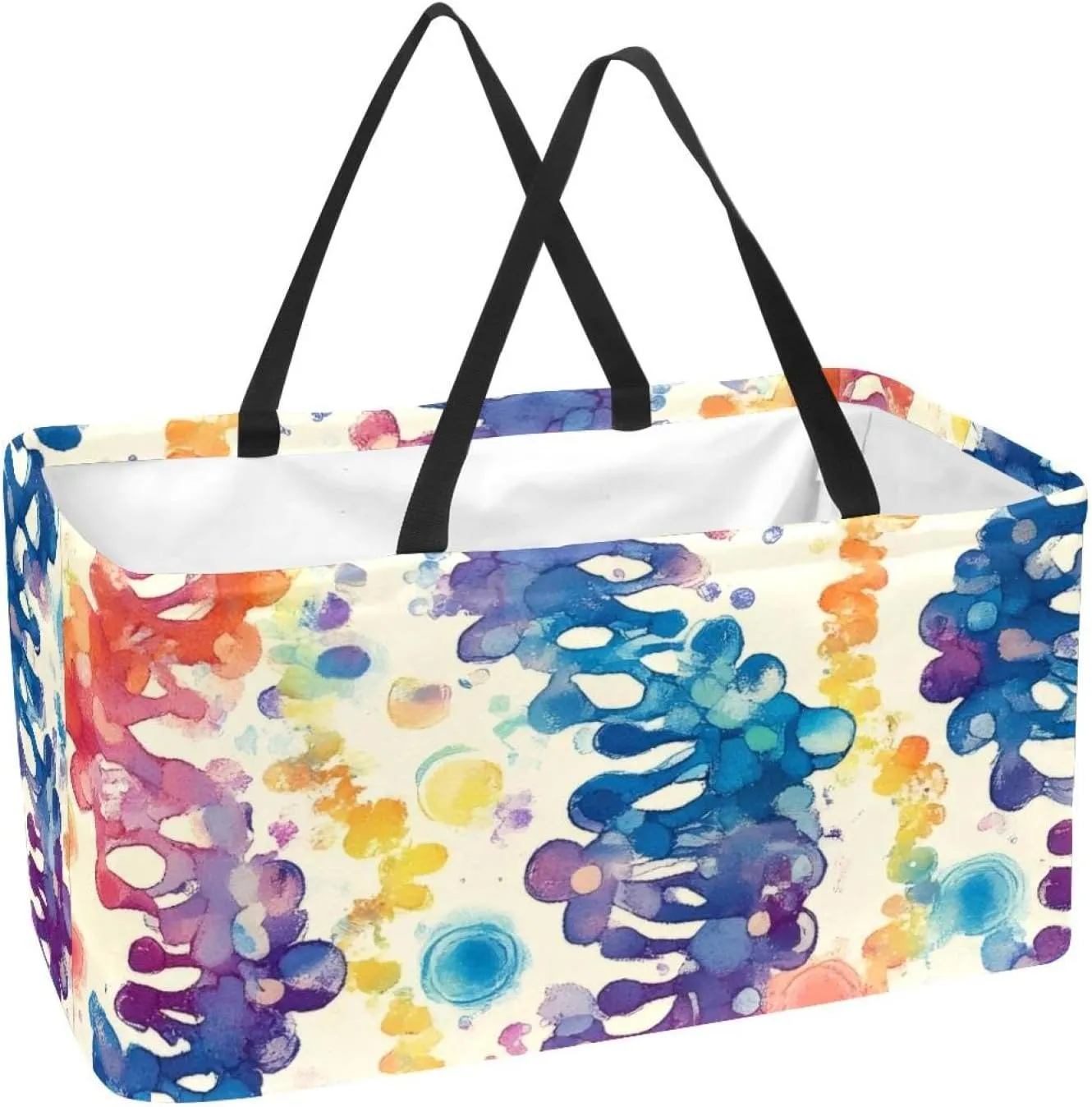 Reusable Grocery Bags Boxes Storage Basket, Tooth Patterns Collapsible Utility Tote Bags with Long Handle