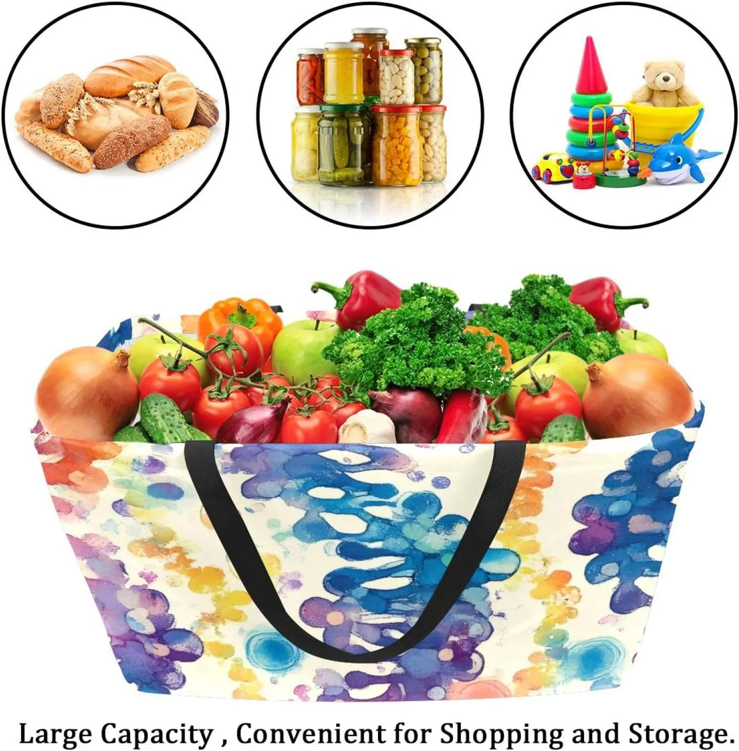 Reusable Grocery Bags Boxes Storage Basket, Tooth Patterns Collapsible Utility Tote Bags with Long Handle