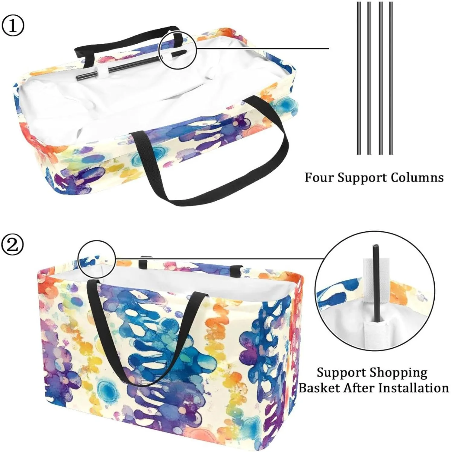 Reusable Grocery Bags Boxes Storage Basket, Tooth Patterns Collapsible Utility Tote Bags with Long Handle