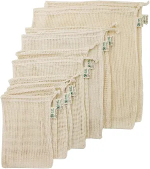 Reusable Grocery Produce Shopping and Storage Bags, Organic Cotton Mesh, Set of 10 (2 ea. XL, L, M, S, XS)