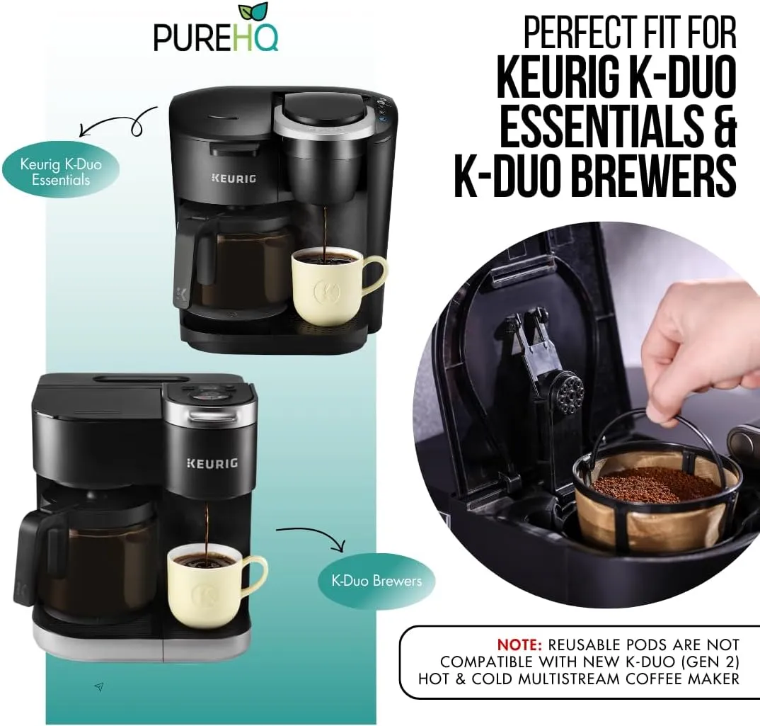 Reusable Mesh Ground Coffee Filter Carafe for Keurig K-Duo Essentials and K Duo Brewers Machine, With 2 Refillable K Cups Pod by PureHQ - Gold Tone Mesh Filter - Value Pack