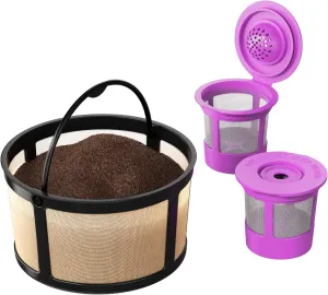 Reusable Mesh Ground Coffee Filter Carafe for Keurig K-Duo Essentials and K Duo Brewers Machine, With 2 Refillable K Cups Pod by PureHQ - Gold Tone Mesh Filter - Value Pack