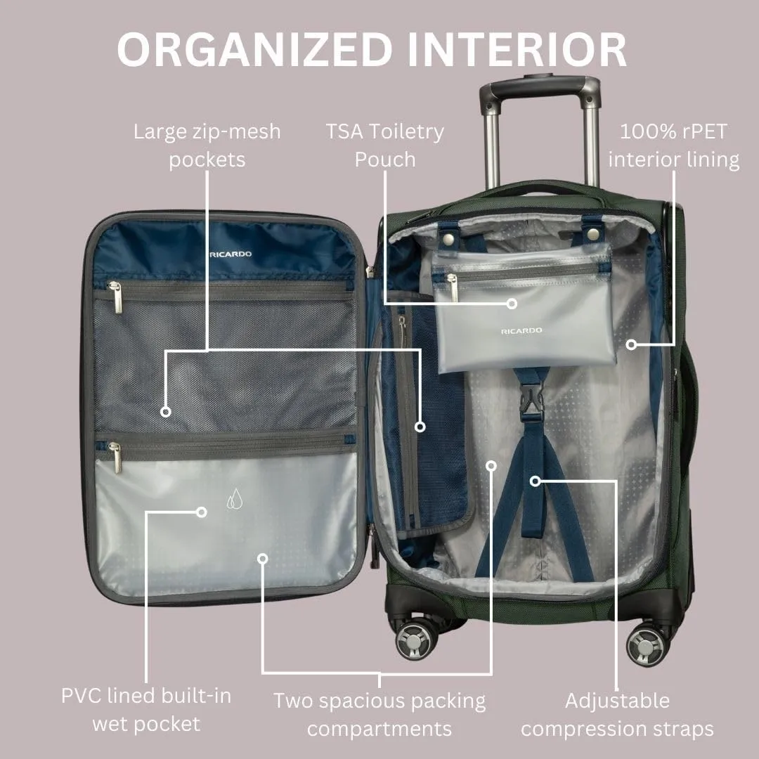 Ricardo Beverly Hills Avalon Softside Carry-On Luggage Made with Sustainable 100% Recycled PET (rPET), Lightweight, Eco-Friendly Travel, Expandable, Dual Spinner Wheels, Storm Blue, 20-inch