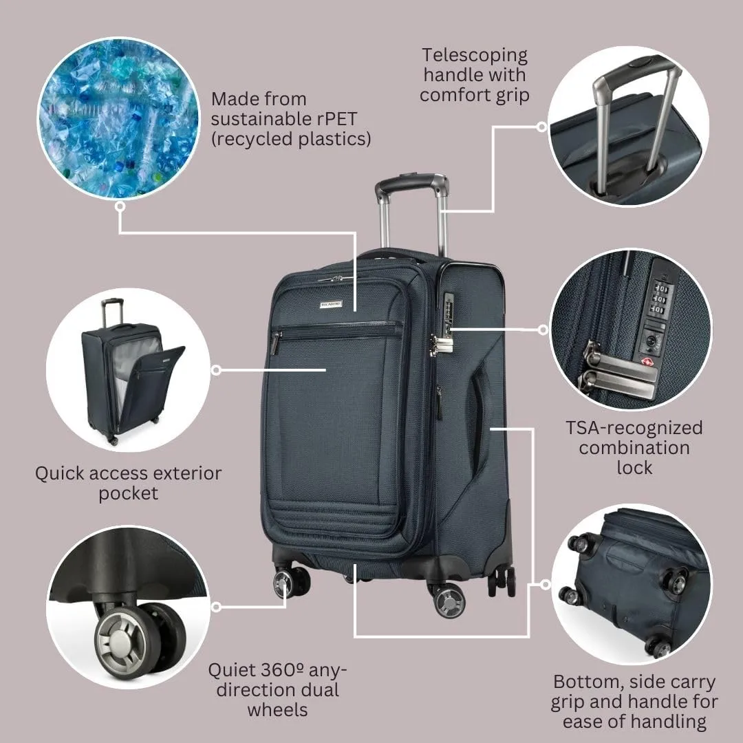 Ricardo Beverly Hills Avalon Softside Carry-On Luggage Made with Sustainable 100% Recycled PET (rPET), Lightweight, Eco-Friendly Travel, Expandable, Dual Spinner Wheels, Storm Blue, 20-inch