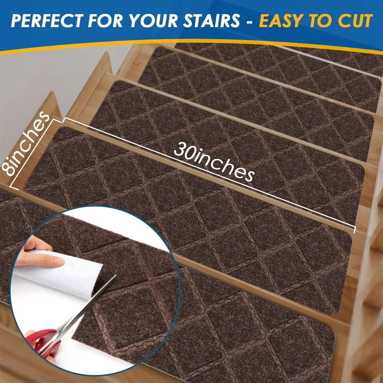 RIOLAND Stair Treads Carpet Non-Slip Indoor 15 PCS Wood Stair Treads Rugs Modern Stair Runners for Kids Dogs, 8" X 30", Diamond Brown