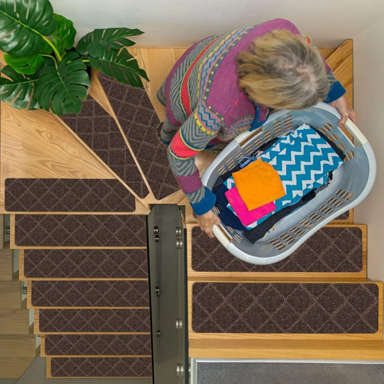 RIOLAND Stair Treads Carpet Non-Slip Indoor 15 PCS Wood Stair Treads Rugs Modern Stair Runners for Kids Dogs, 8" X 30", Diamond Brown