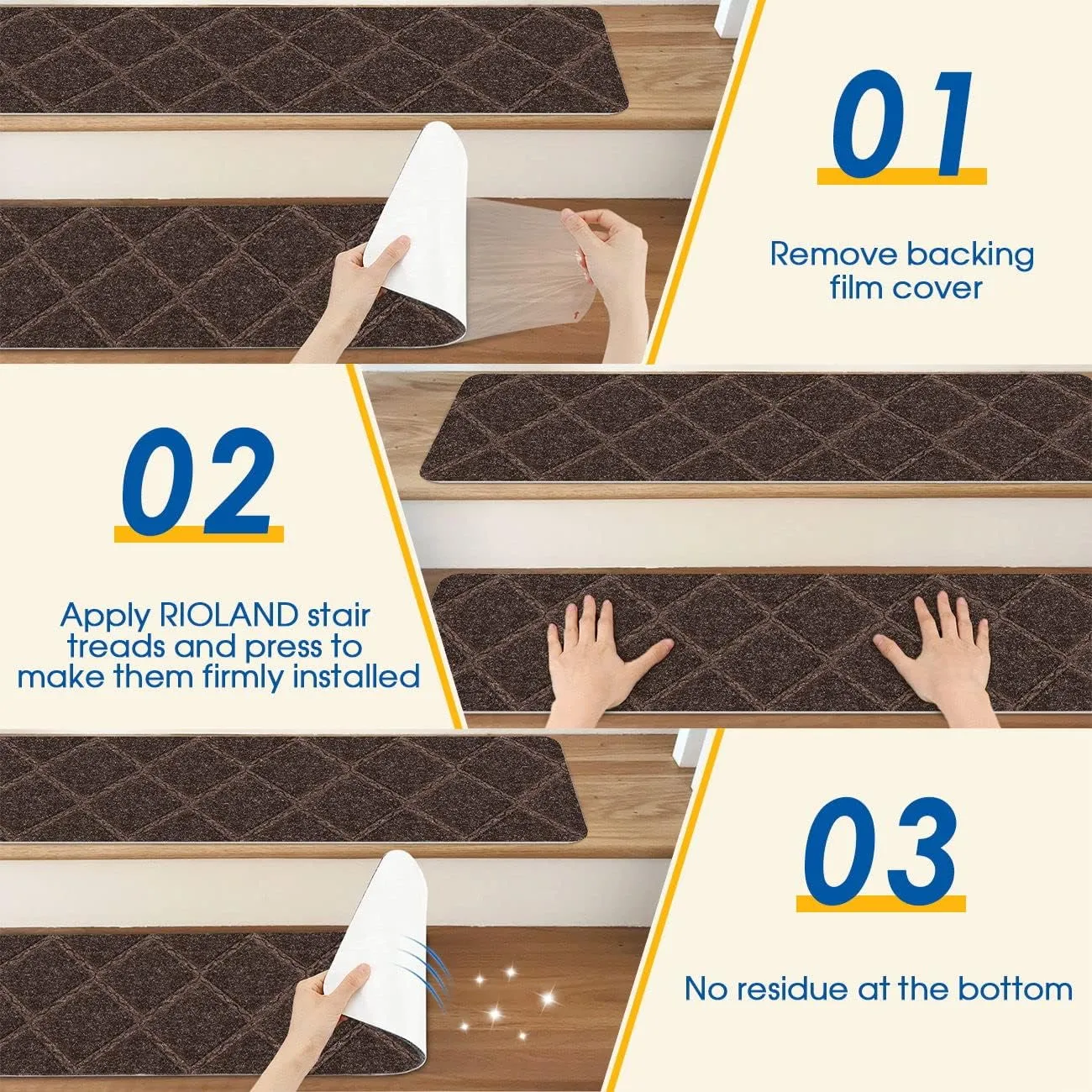 RIOLAND Stair Treads Carpet Non-Slip Indoor 15 PCS Wood Stair Treads Rugs Modern Stair Runners for Kids Dogs, 8" X 30", Diamond Brown