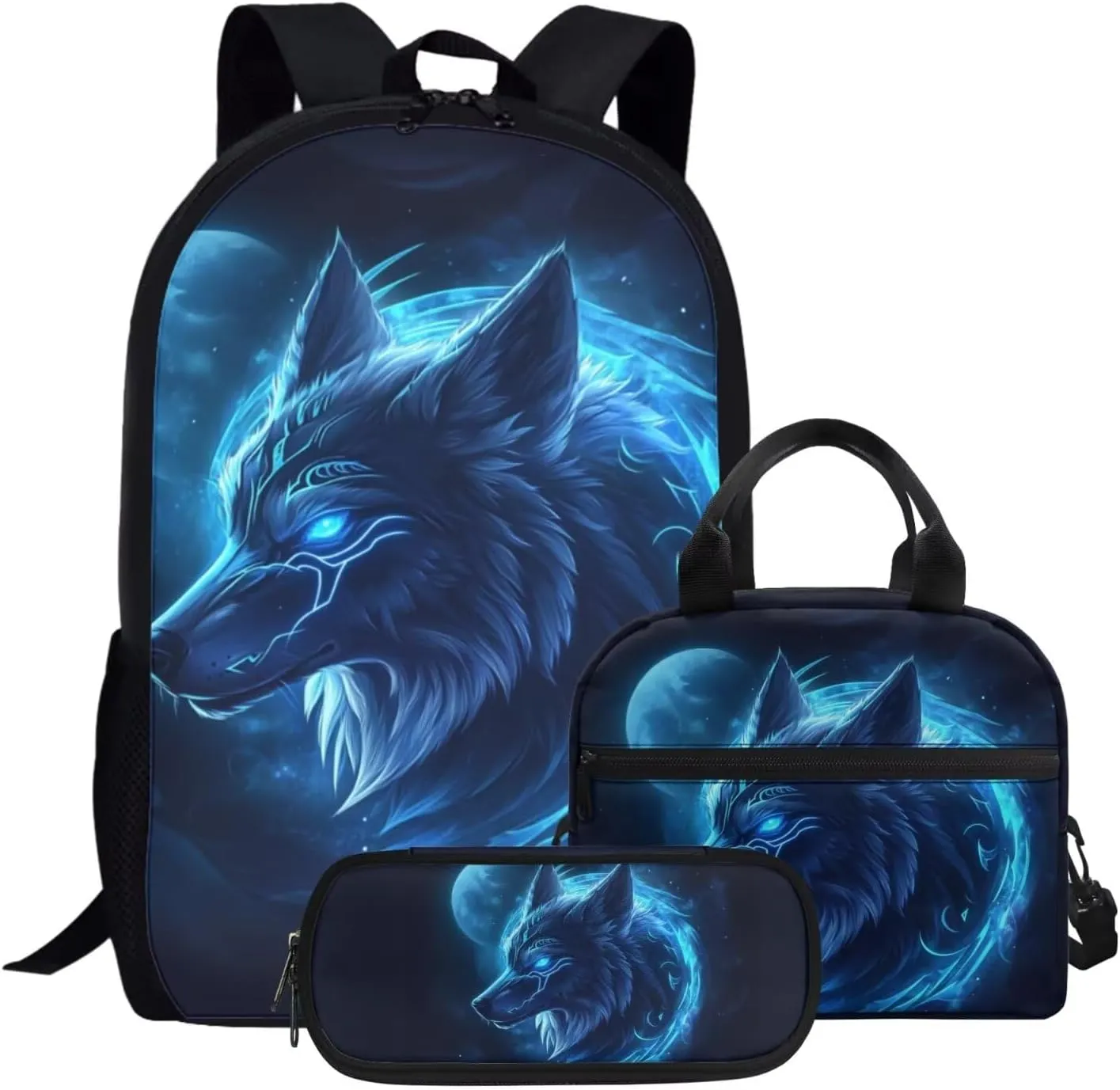 Rnyleeg Wolf Backpack for Boys with Lunchbox Cool Kids Bookbag Set for Teen Boys Lightweight School Bag Set 3 Pcs for Primary School Casual Hiking Packsack