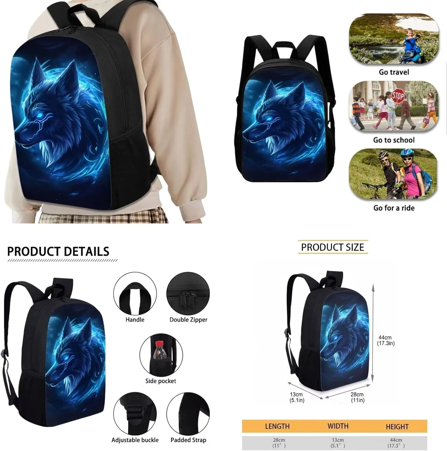 Rnyleeg Wolf Backpack for Boys with Lunchbox Cool Kids Bookbag Set for Teen Boys Lightweight School Bag Set 3 Pcs for Primary School Casual Hiking Packsack