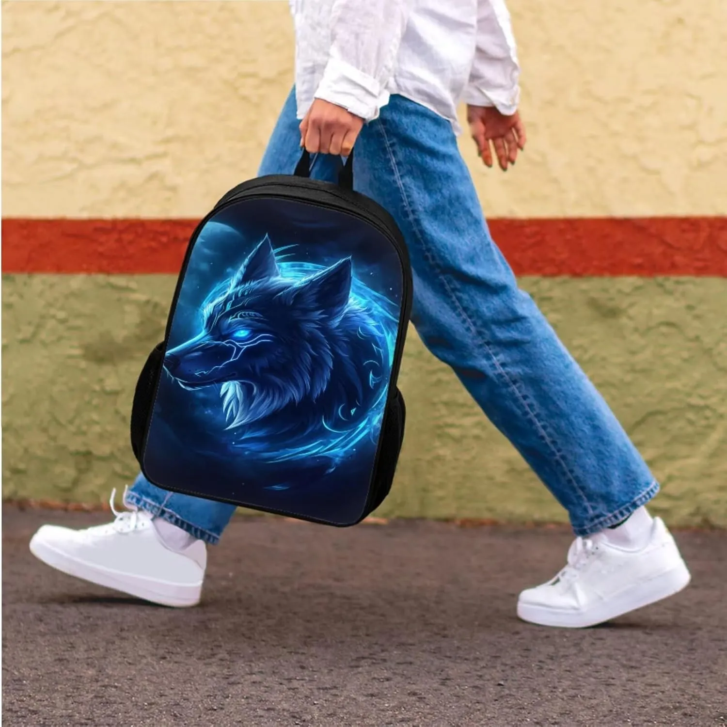 Rnyleeg Wolf Backpack for Boys with Lunchbox Cool Kids Bookbag Set for Teen Boys Lightweight School Bag Set 3 Pcs for Primary School Casual Hiking Packsack