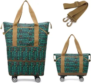 Rolling Duffle Bag Expandable Travel Bag with Detachable Wheels and Shoulder Strap Letter Pattern Foldable Carry On Bag Wheeled Weekend Bag for Women and Men - Green, L2359ZLW3F13LZ