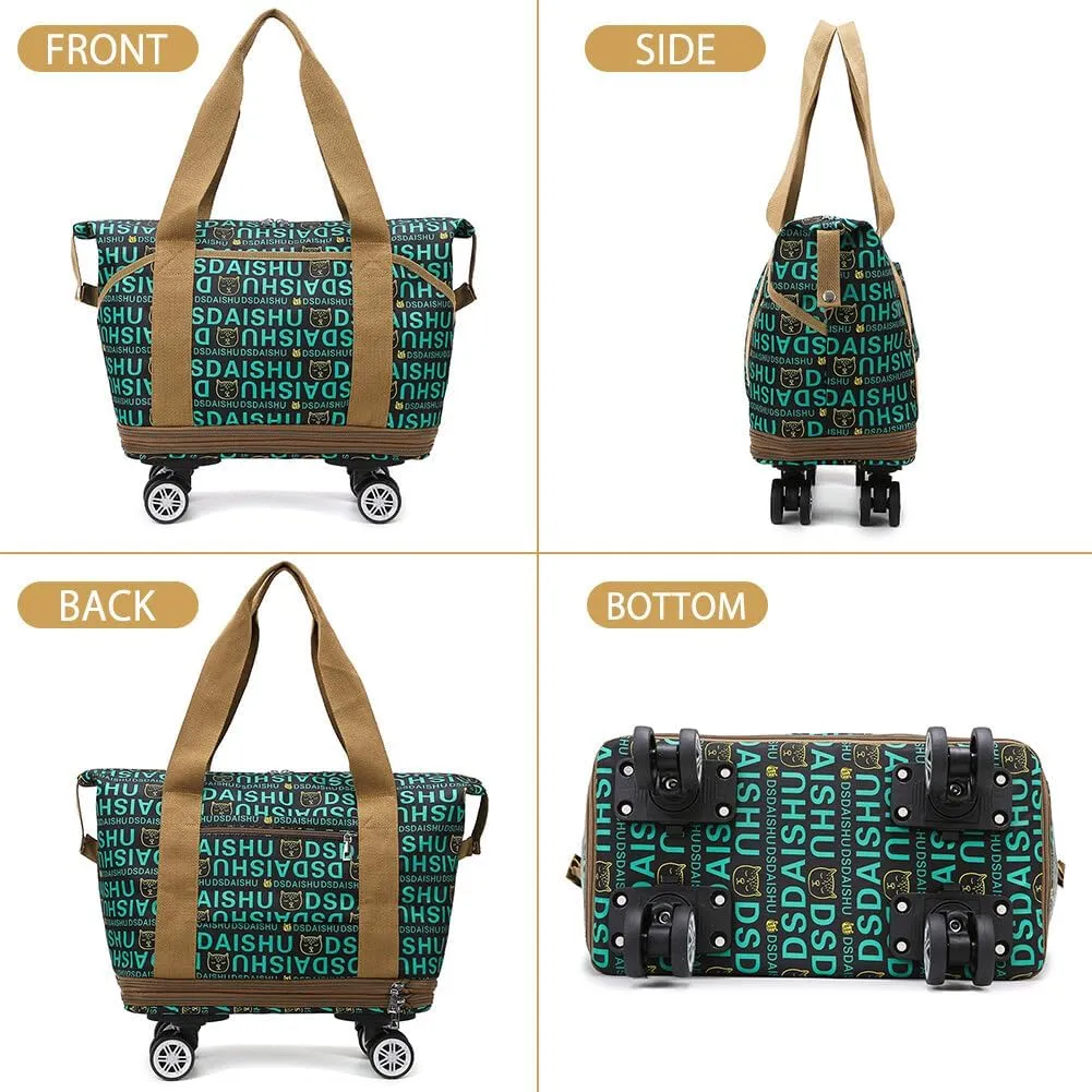 Rolling Duffle Bag Expandable Travel Bag with Detachable Wheels and Shoulder Strap Letter Pattern Foldable Carry On Bag Wheeled Weekend Bag for Women and Men - Green, L2359ZLW3F13LZ