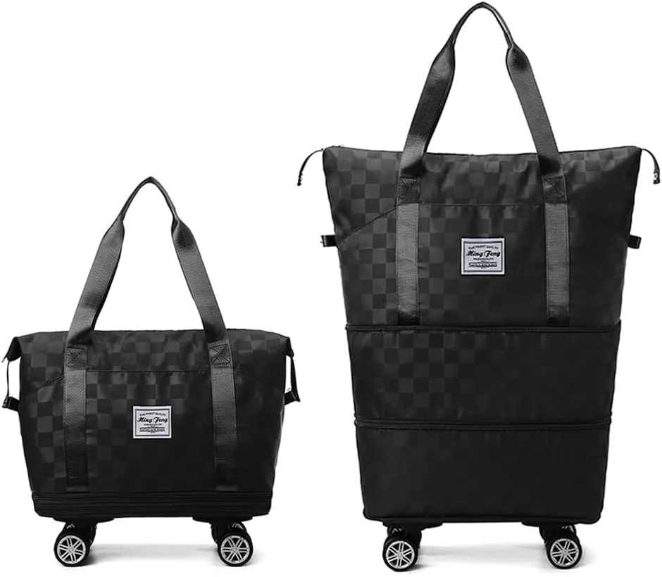 Rolling Duffle Bag with Wheels - Foldable, Expandable Carry On Bag with Detachable Casters - Dry/Wet Separation - Men & Women (Black)