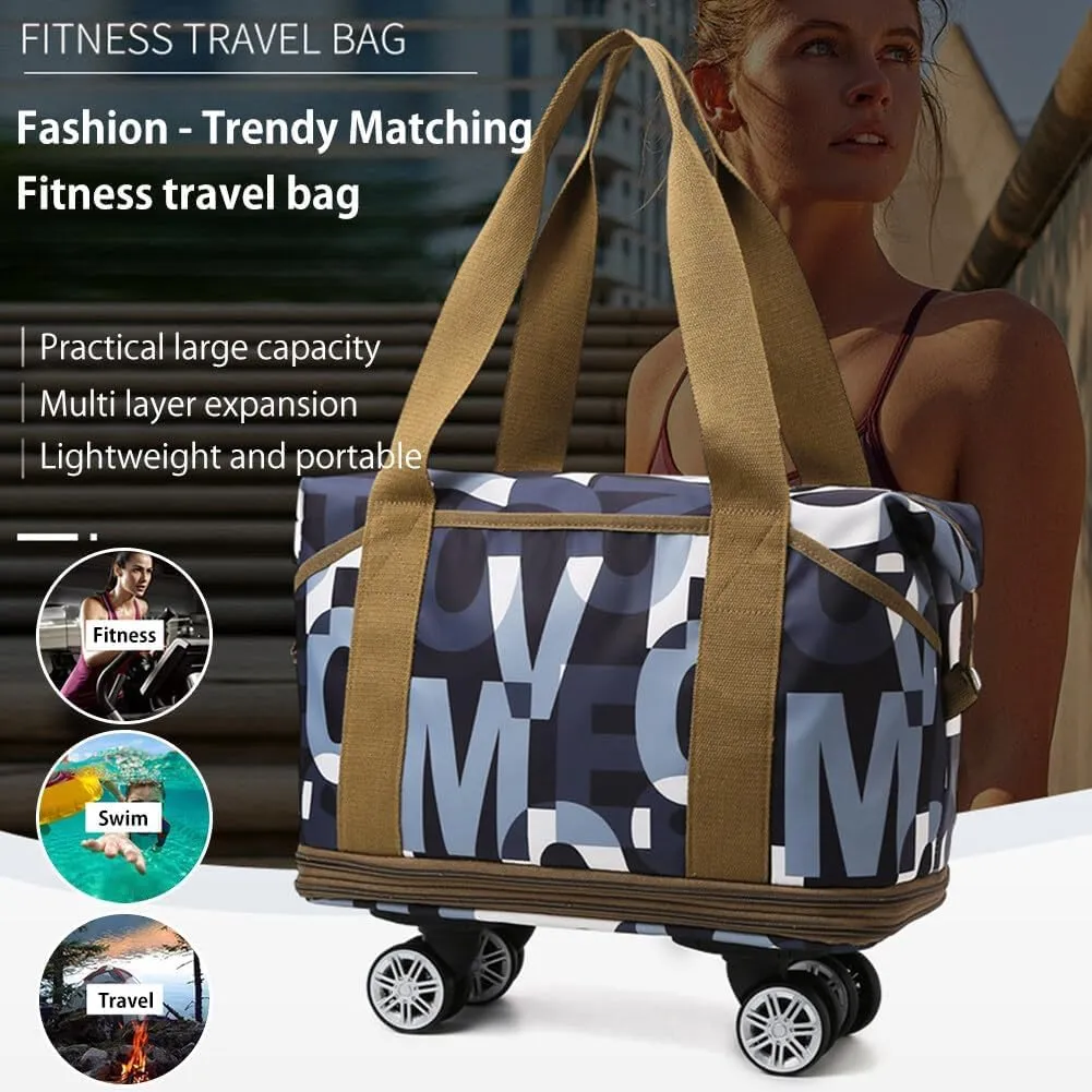 Rolling Duffle Bag with Wheels - Foldable, Expandable Carry On Bag with Detachable Casters - Dry/Wet Separation - Men & Women (Black)