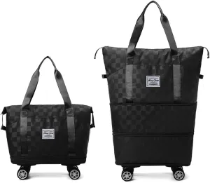 Rolling Duffle Bag with Wheels - Foldable, Expandable Carry On Bag with Detachable Casters - Dry/Wet Separation - Men & Women (Black)