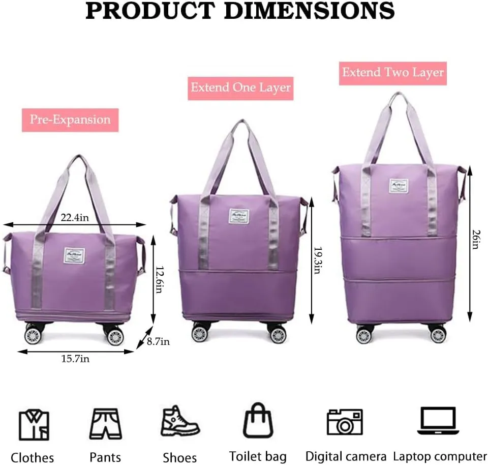 Rolling Duffle Bag with Wheels Foldable Luggage Bag Expandable Carry on Bag with Detachable Casters Dry Wet Separation Duffle Bag for Women & Men (Grey)