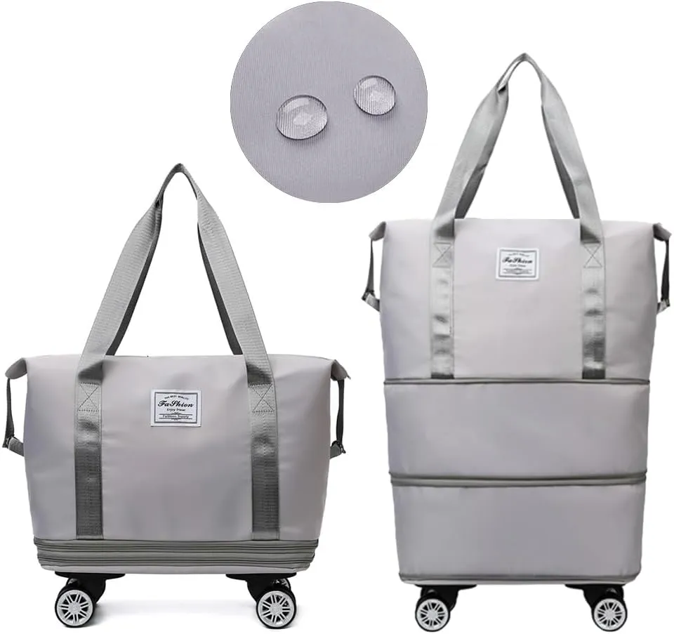 Rolling Duffle Bag with Wheels Foldable Luggage Bag Expandable Carry on Bag with Detachable Casters Dry Wet Separation Duffle Bag for Women & Men (Grey)