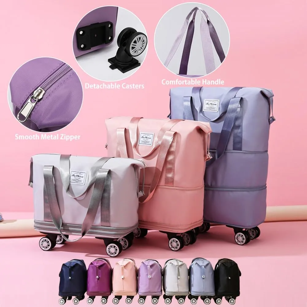 Rolling Duffle Bag with Wheels Foldable Luggage Bag Expandable Carry on Bag with Detachable Casters Dry Wet Separation Duffle Bag for Women & Men (Grey)
