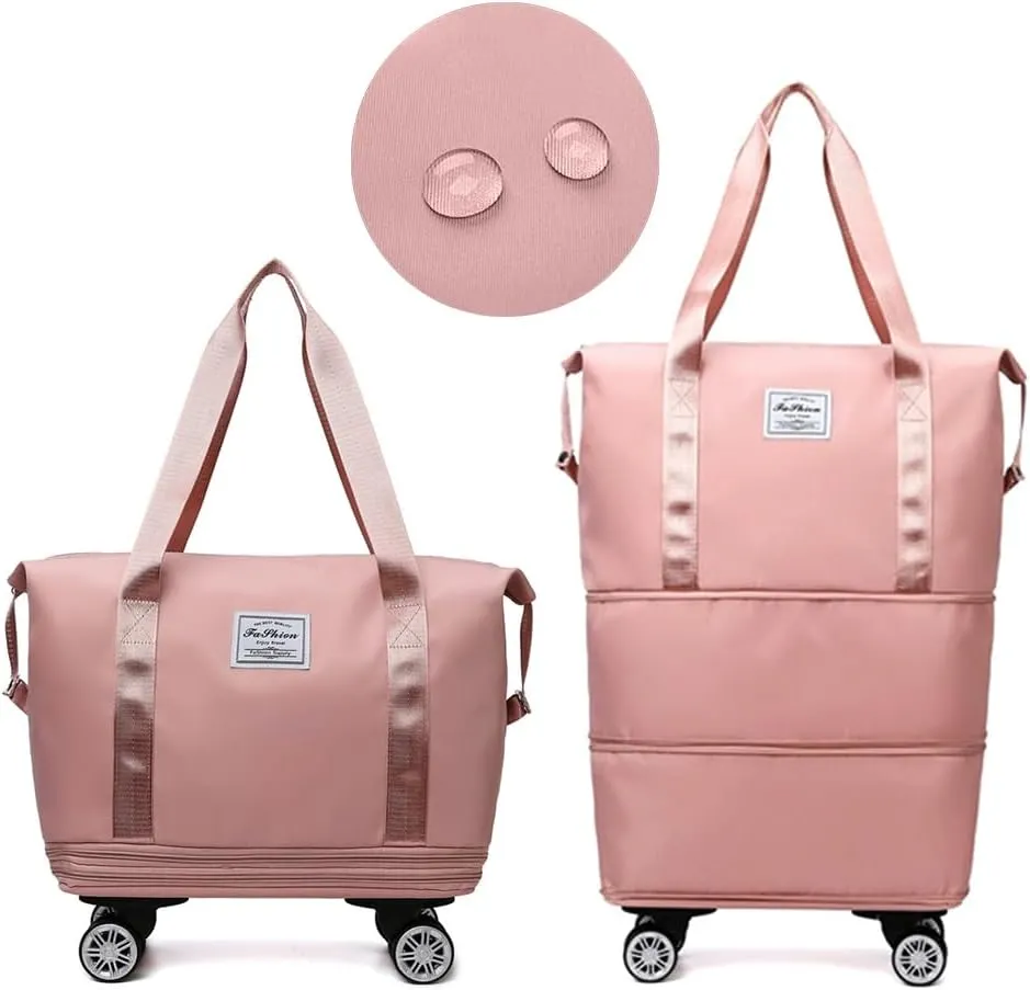 Rolling Duffle Bag with Wheels Foldable Luggage Bag Expandable Carry on Bag with Detachable Casters Dry Wet Separation Duffle Bag for Women & Men (Pink)