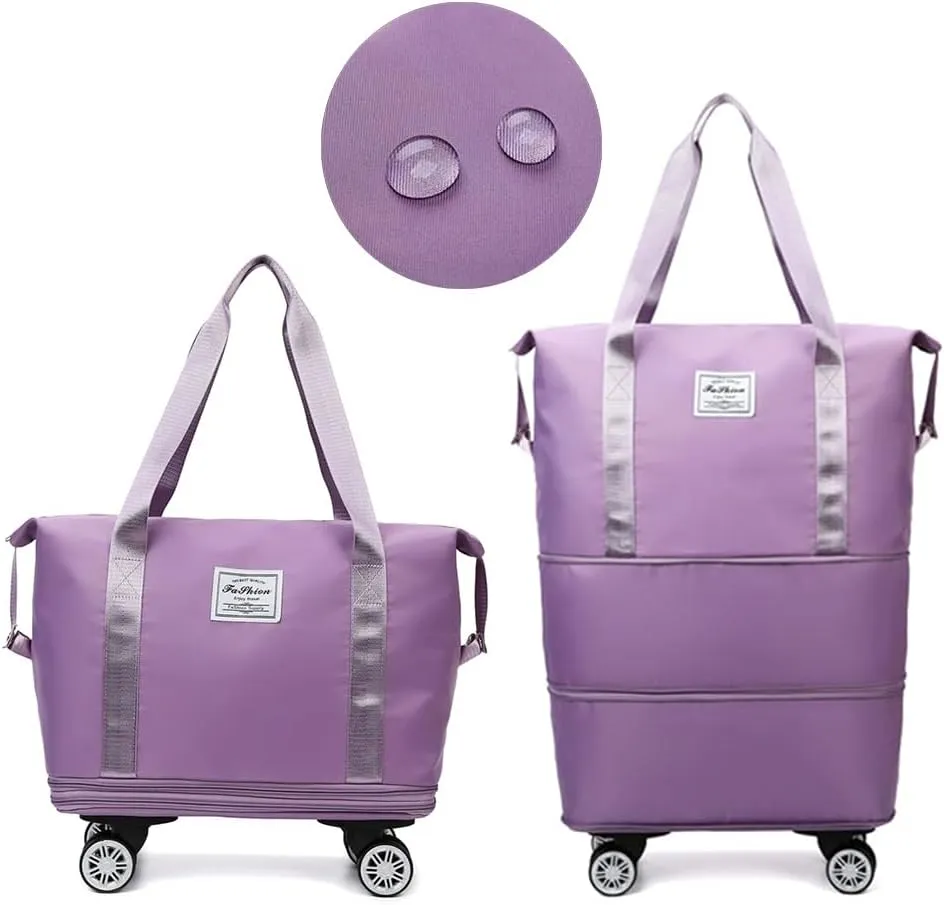 Rolling Duffle Bag with Wheels Foldable Luggage Bag Expandable Carry on Bag with Detachable Casters Dry Wet Separation Duffle Bag for Women & Men (Purple)