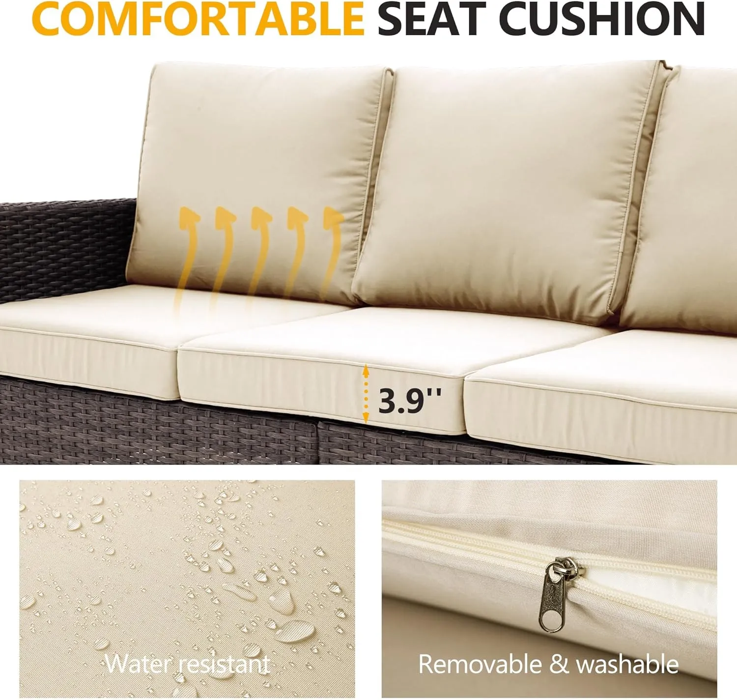 RoyalCraft Patio Couch Sofa,3-Seat Outdoor Wicker Brown Rattan Sectional Couch Furniture Metal Frame with Non-Slip Beige Cushion