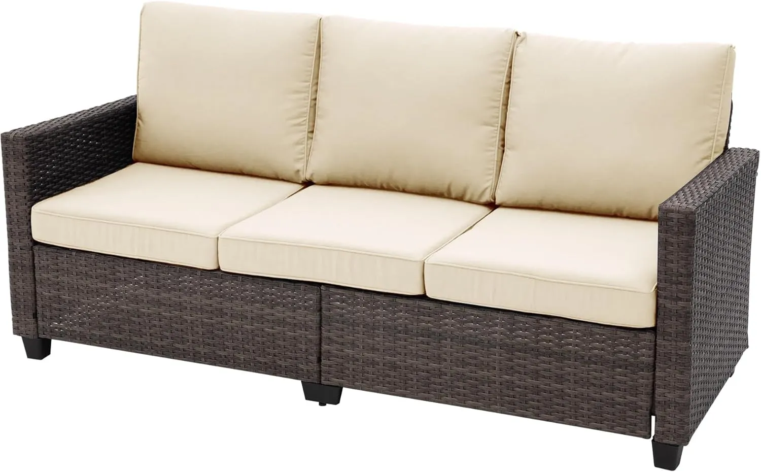 RoyalCraft Patio Couch Sofa,3-Seat Outdoor Wicker Brown Rattan Sectional Couch Furniture Metal Frame with Non-Slip Beige Cushion