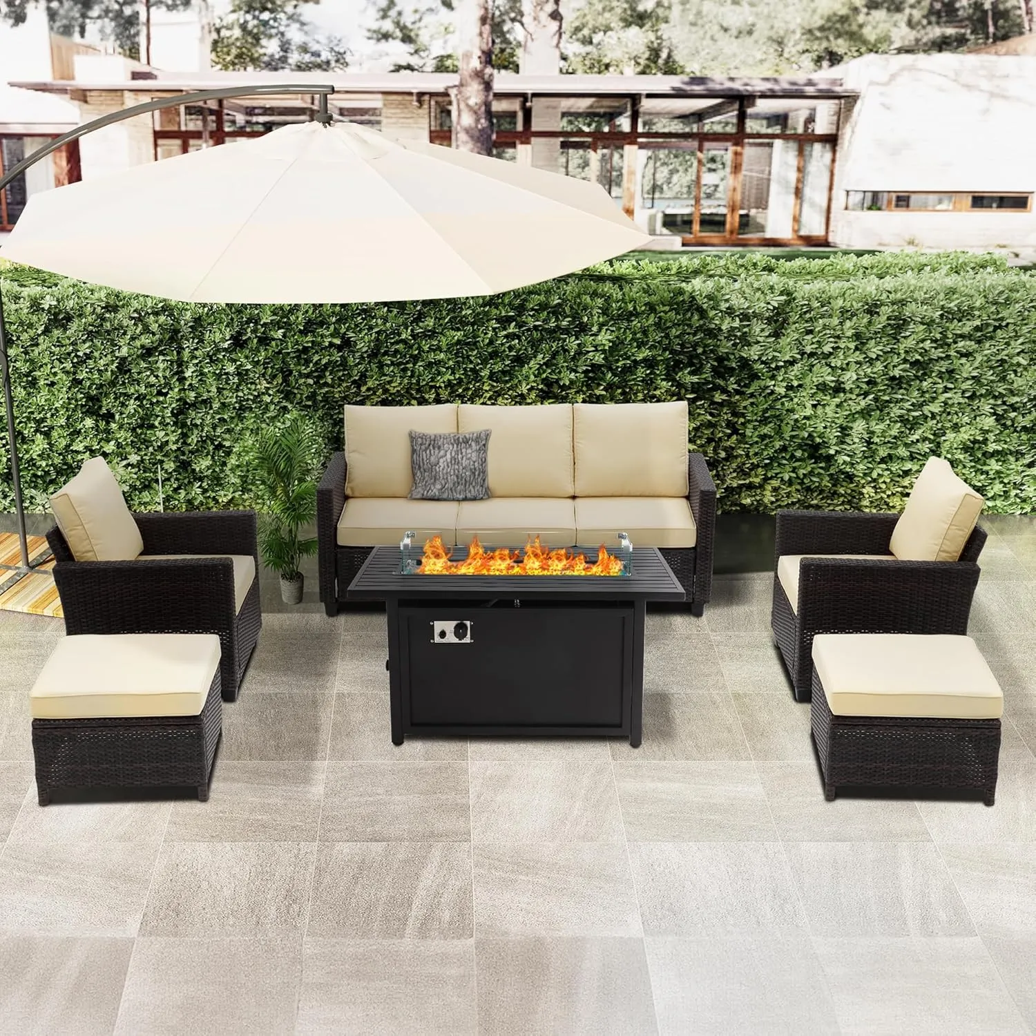 RoyalCraft Patio Couch Sofa,3-Seat Outdoor Wicker Brown Rattan Sectional Couch Furniture Metal Frame with Non-Slip Beige Cushion