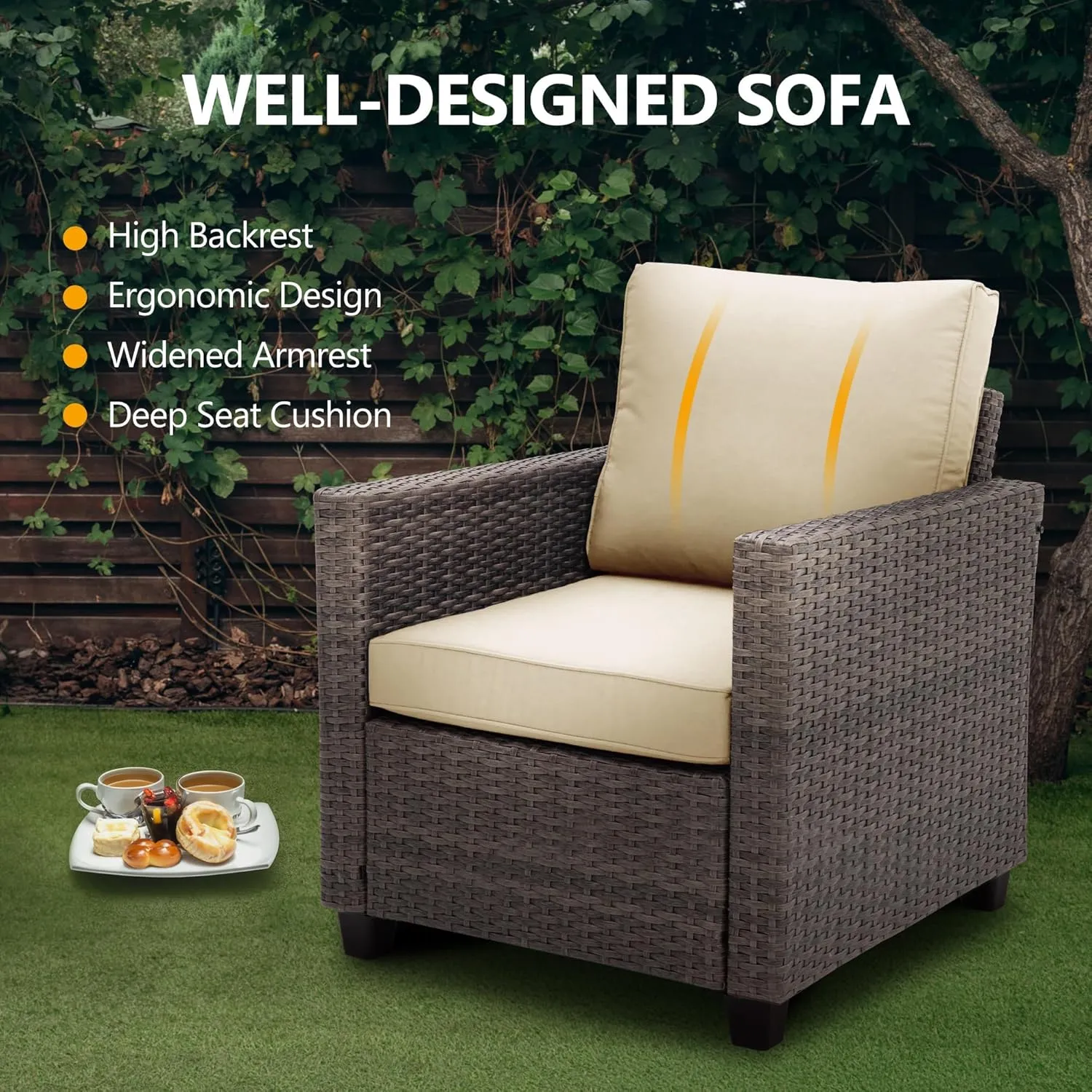 RoyalCraft Patio Couch Sofa,3-Seat Outdoor Wicker Brown Rattan Sectional Couch Furniture Metal Frame with Non-Slip Beige Cushion