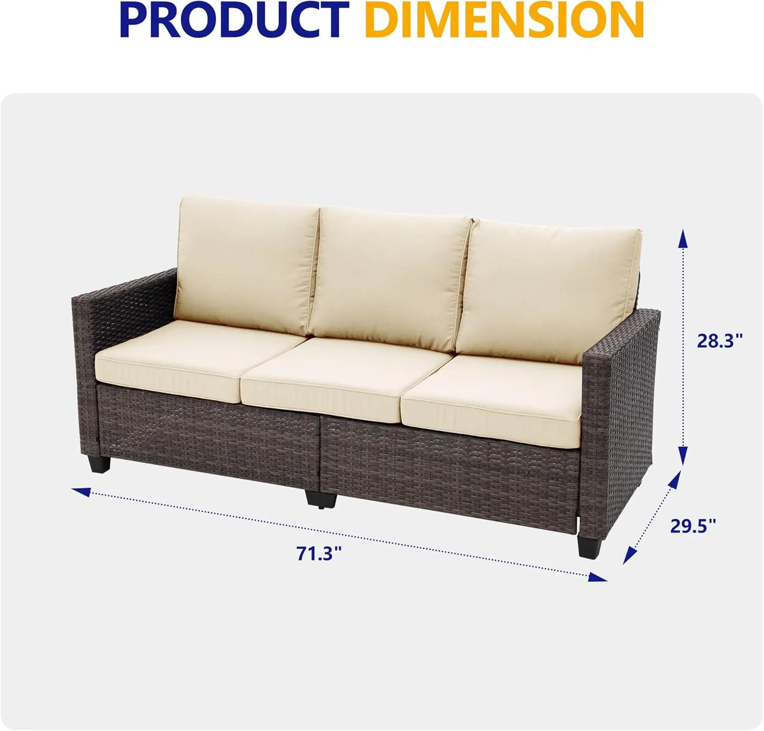 RoyalCraft Patio Couch Sofa,3-Seat Outdoor Wicker Brown Rattan Sectional Couch Furniture Metal Frame with Non-Slip Beige Cushion