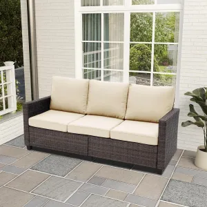 RoyalCraft Patio Couch Sofa,3-Seat Outdoor Wicker Brown Rattan Sectional Couch Furniture Metal Frame with Non-Slip Beige Cushion