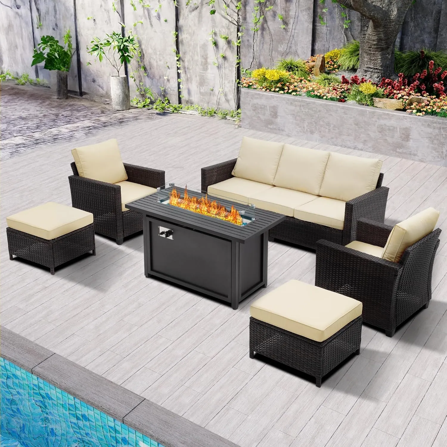 RoyalCraft Patio Couch Sofa,3-Seat Outdoor Wicker Brown Rattan Sectional Couch Furniture Metal Frame with Non-Slip Beige Cushion