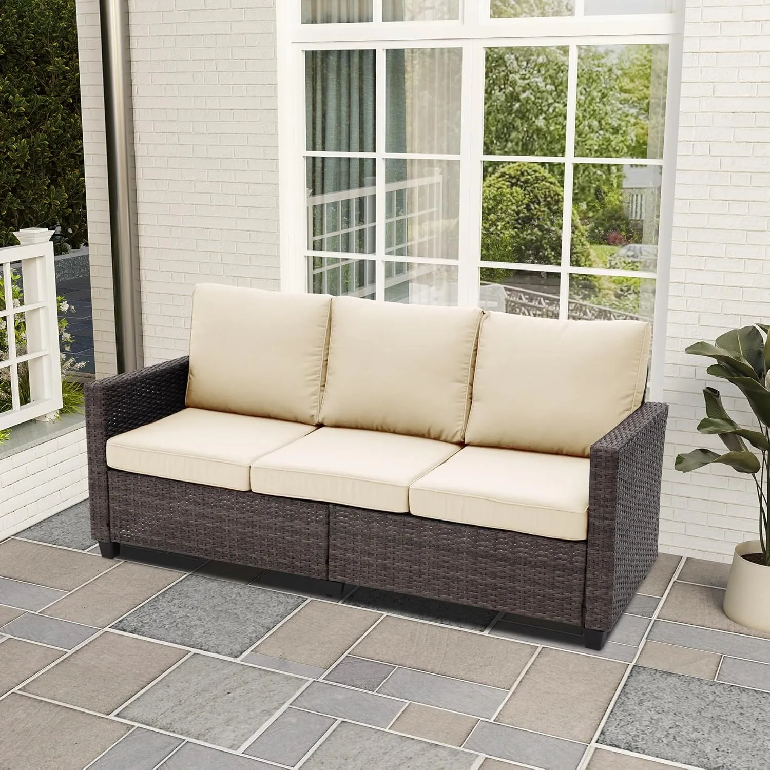 RoyalCraft Patio Couch Sofa,3-Seat Outdoor Wicker Brown Rattan Sectional Couch Furniture Metal Frame with Non-Slip Beige Cushion