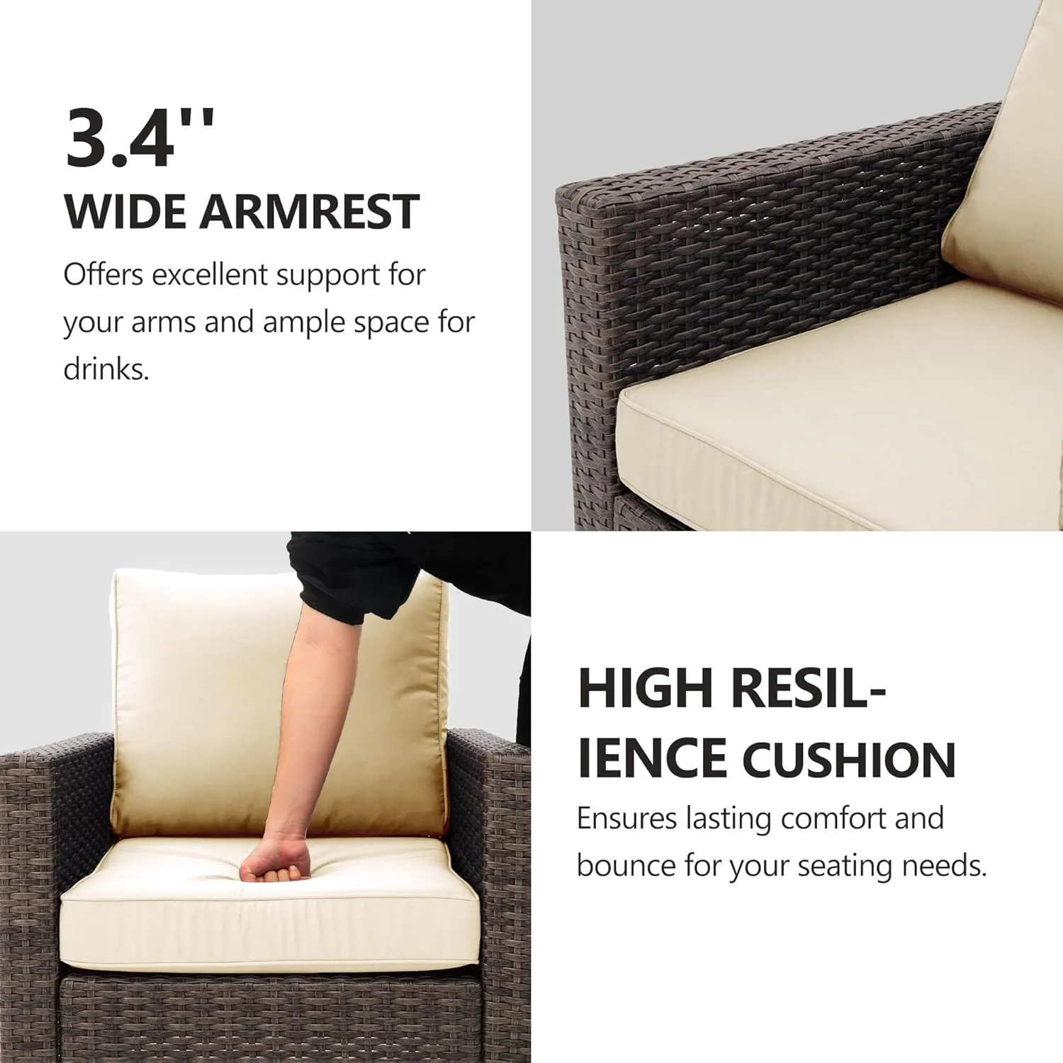 RoyalCraft Patio Couch Sofa,3-Seat Outdoor Wicker Brown Rattan Sectional Couch Furniture Metal Frame with Non-Slip Beige Cushion