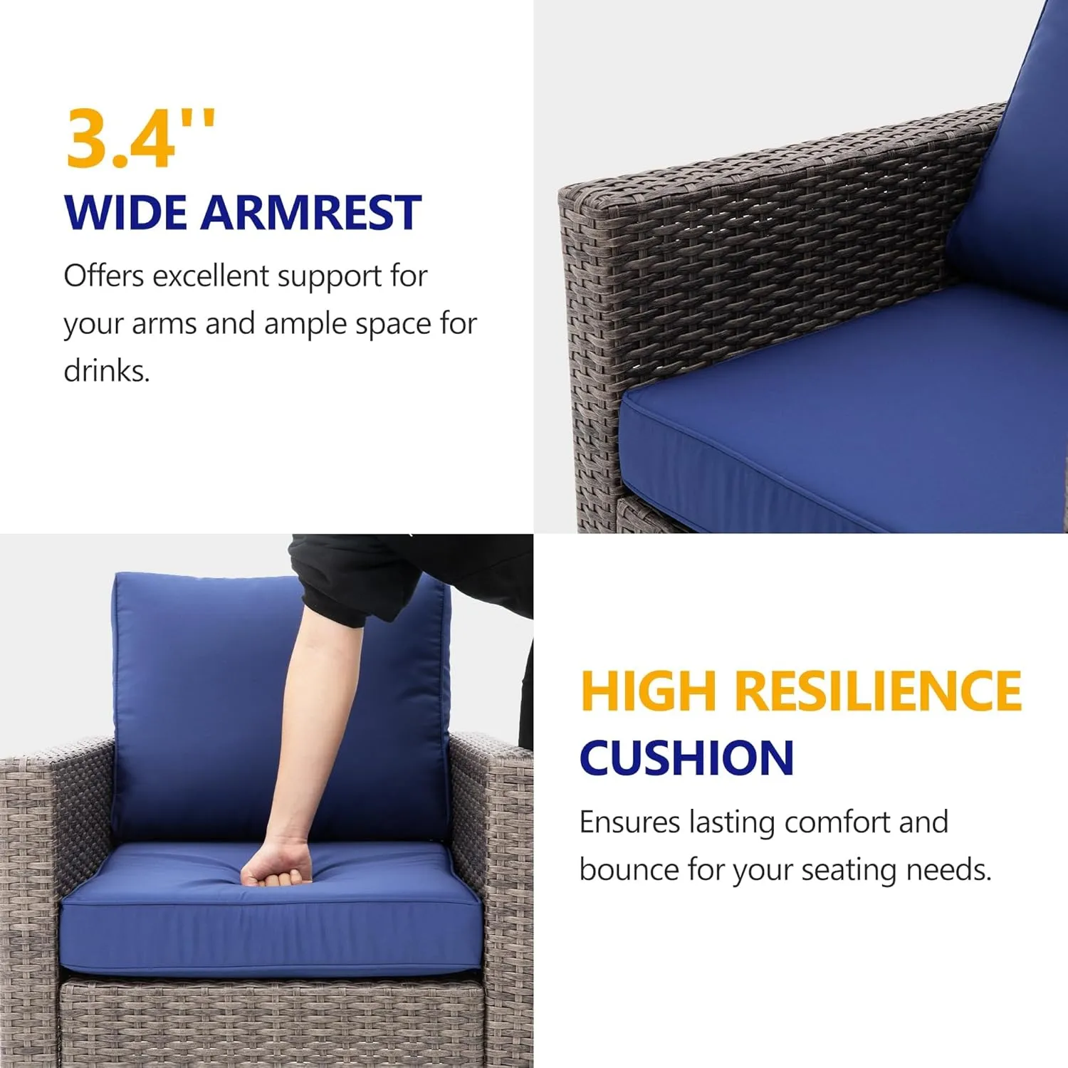 RoyalCraft Patio Sofa,3-Seat Outdoor Wicker Couch Brown Rattan Sectional Furniture Metal Frame with Non-Slip Dark Blue Cushion