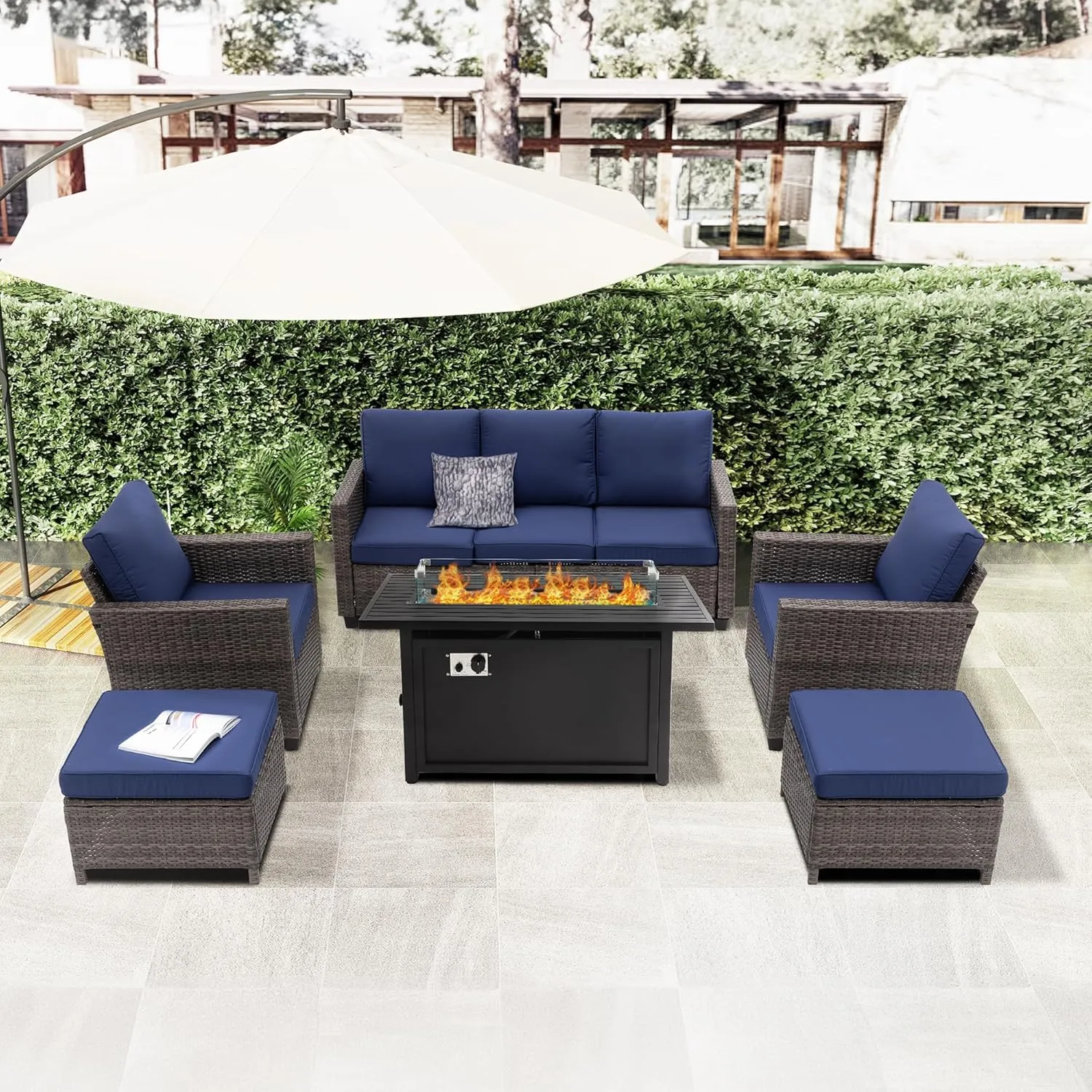 RoyalCraft Patio Sofa,3-Seat Outdoor Wicker Couch Brown Rattan Sectional Furniture Metal Frame with Non-Slip Dark Blue Cushion