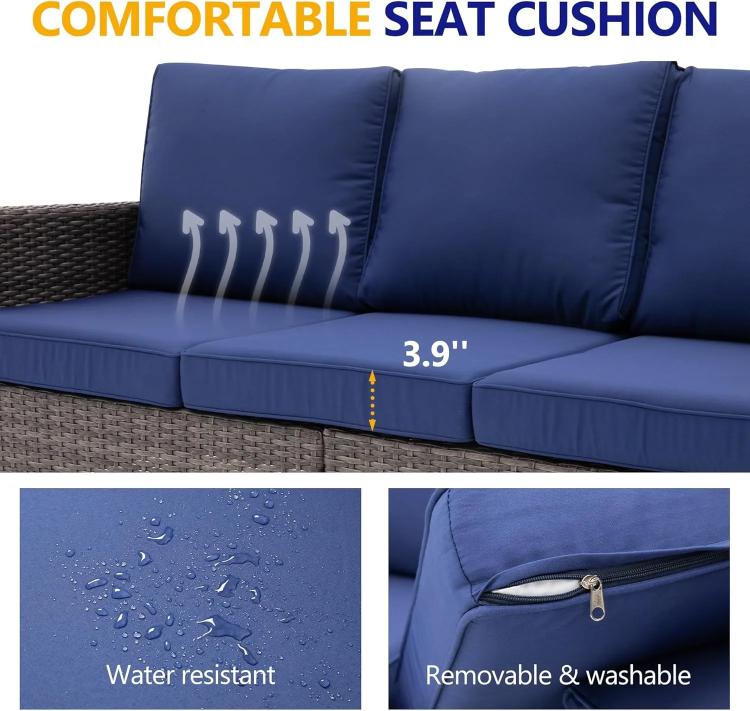 RoyalCraft Patio Sofa,3-Seat Outdoor Wicker Couch Brown Rattan Sectional Furniture Metal Frame with Non-Slip Dark Blue Cushion