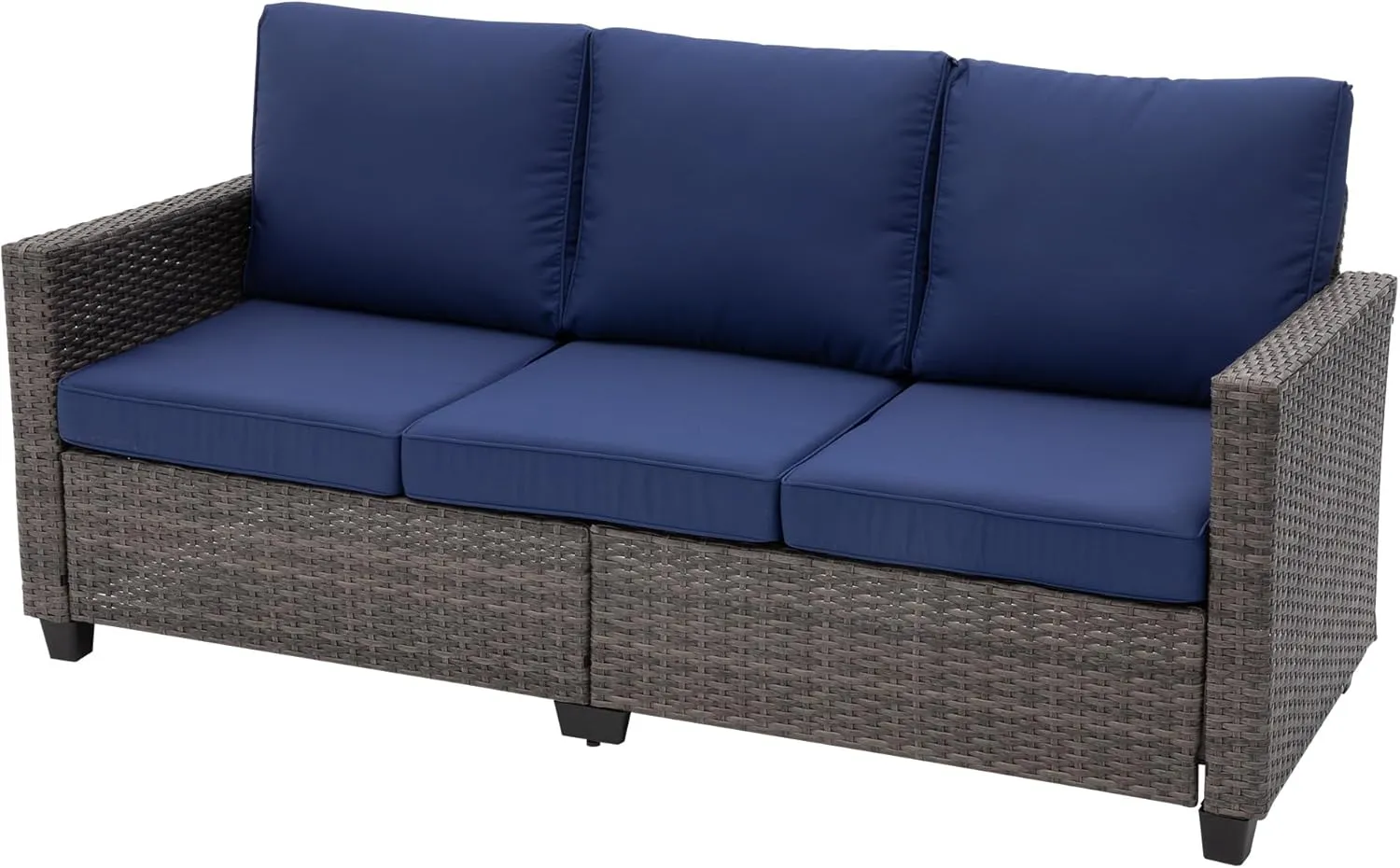 RoyalCraft Patio Sofa,3-Seat Outdoor Wicker Couch Brown Rattan Sectional Furniture Metal Frame with Non-Slip Dark Blue Cushion