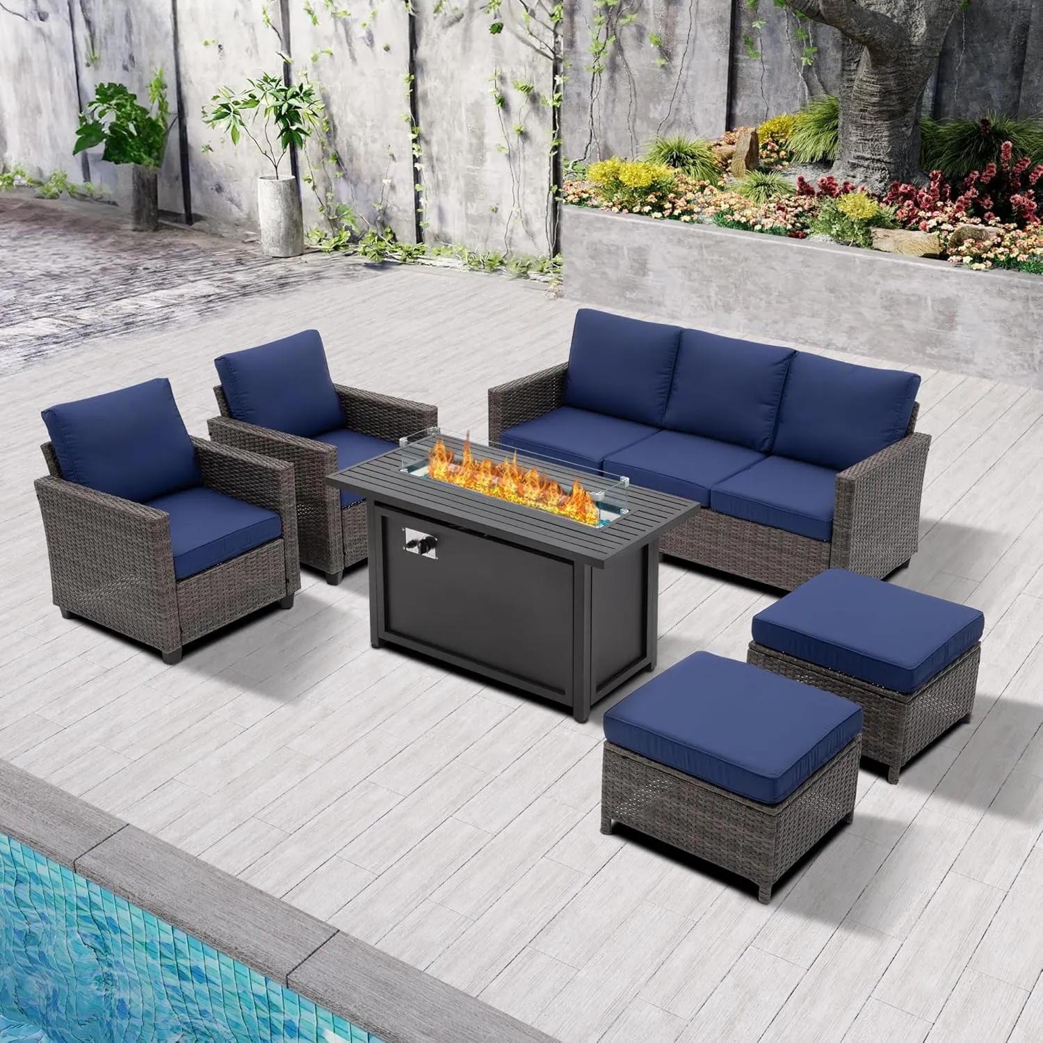 RoyalCraft Patio Sofa,3-Seat Outdoor Wicker Couch Brown Rattan Sectional Furniture Metal Frame with Non-Slip Dark Blue Cushion