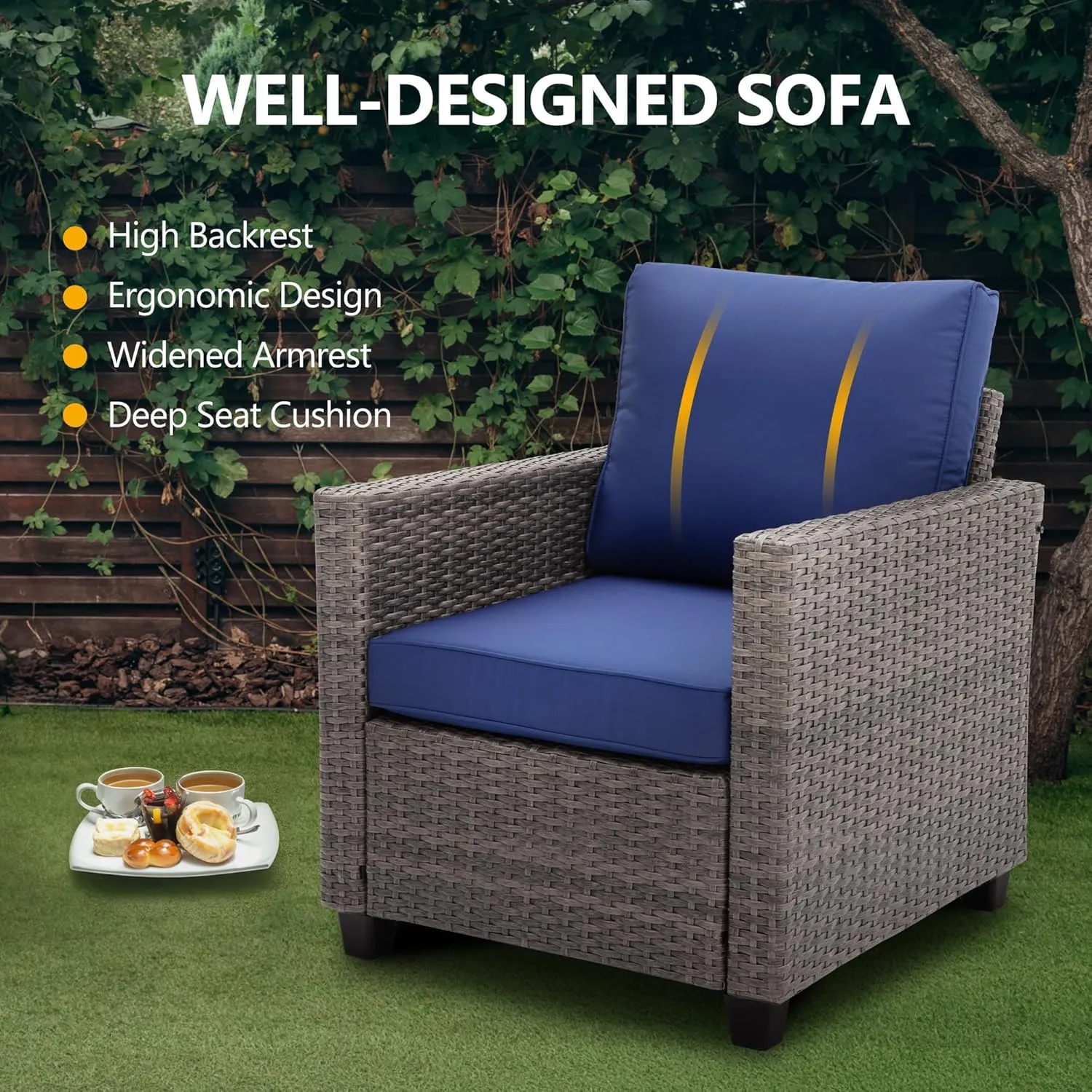 RoyalCraft Patio Sofa,3-Seat Outdoor Wicker Couch Brown Rattan Sectional Furniture Metal Frame with Non-Slip Dark Blue Cushion