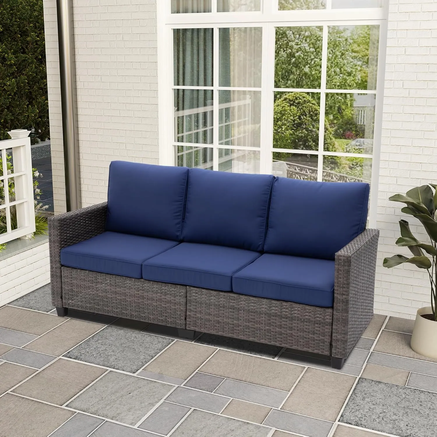 RoyalCraft Patio Sofa,3-Seat Outdoor Wicker Couch Brown Rattan Sectional Furniture Metal Frame with Non-Slip Dark Blue Cushion