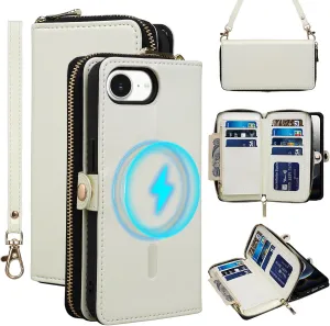 Rssviss Wallet Case for iPhone 16e 2025 Crossbody with Card Holder Wrist Strap, Flip Zipper Case Compatible with Magsafe, RFID Blocking Purse Cover for iPhone 16e Women Men 6.1 inch White