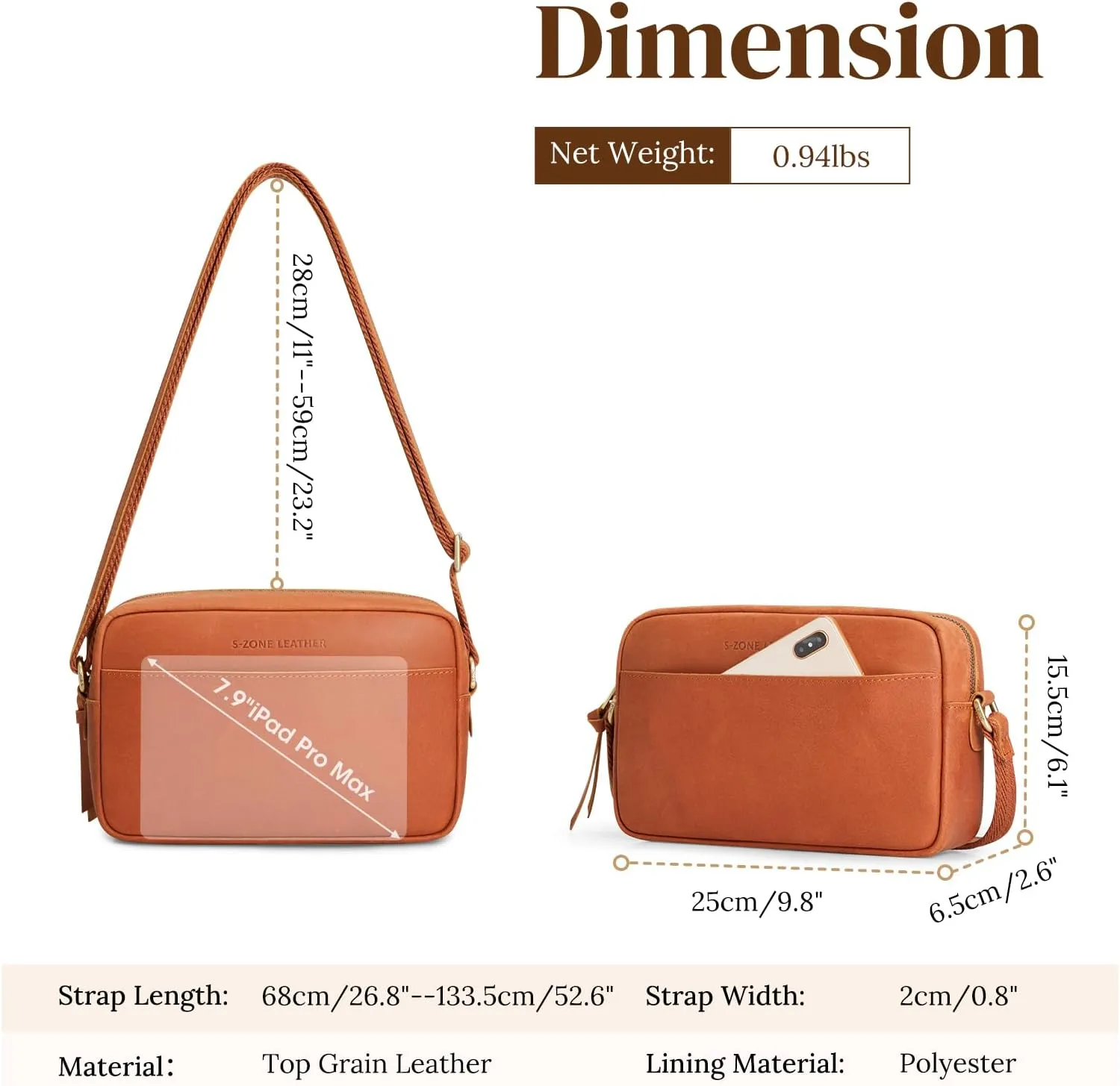 S-ZONE Crossbody Bags for Women Top Grain Leather Shoulder Handbags Camera Bag Purse Adjustable Strap Travel Daily Gift